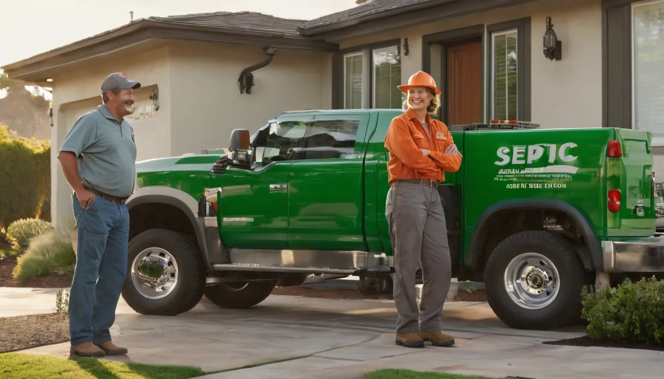 A friendly septic provider talking with a homeowner in a Hayward front yard