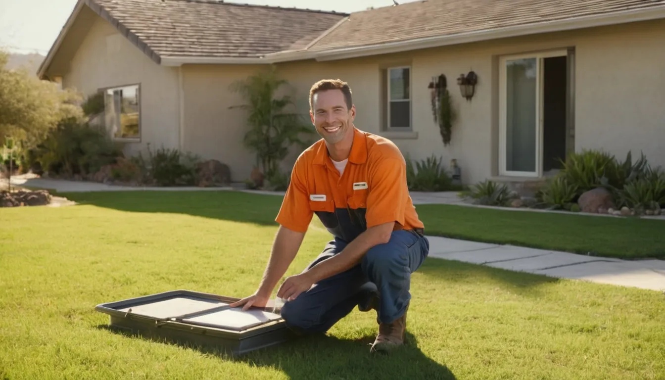 Friendly local provider talking with a homeowner beside a septic tank access lid in a Hayward backyard